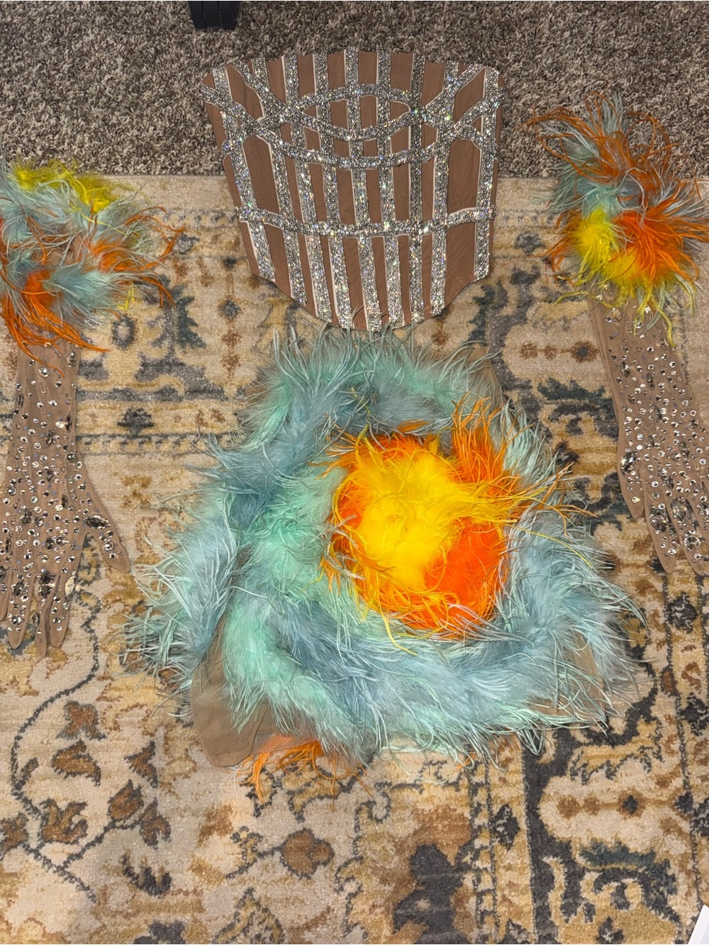 Mini Feather Skirt with crystal top in Aqua and Orange